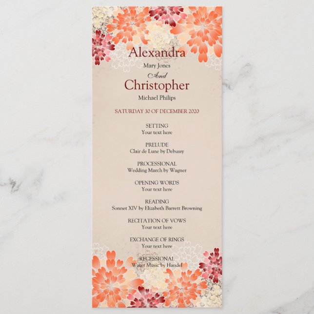 Orange Red & Cream Flowers Retro Wedding Program (Front)
