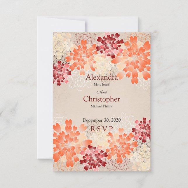 Orange Red & Cream Flowers Retro Wedding RSVP Card (Front)