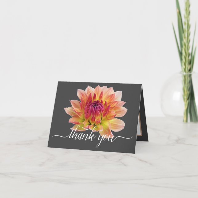 Orange Red Dahlia Flower Gray Backdrop Thank You Card (Front)