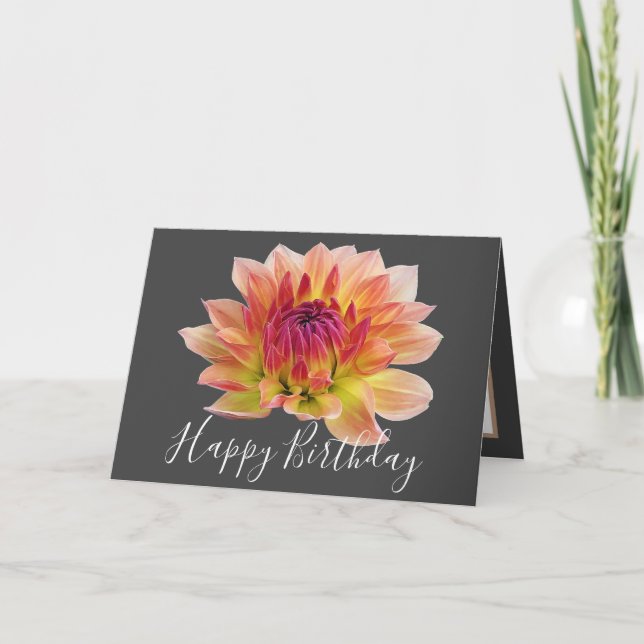 Orange Red Dahlia Flower Gray Background Birthday Card (Front)