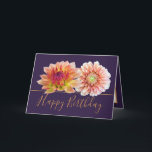 Orange Red Dahlias Pretty Floral Bouquet Birthday Card<br><div class="desc">Two stunning orange and red dahlias form a beautiful floral bouquet against a plum purple color background. The birthday greeting text uses an attractive script typography font. The flowers cover the front of this card which can be used as a thank you card, a birthday card, or any other card...</div>