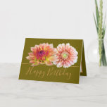 Orange Red Dahlias Pretty Floral Bouquet Birthday Card<br><div class="desc">Two stunning orange and red dahlias form a beautiful floral bouquet against an olive-green color background. The birthday greeting text uses an attractive script typography font. The flowers cover the front of this card which can be used as a thank you card, a birthday card, or any other card of...</div>