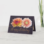 Orange Red Dahlias Pretty Floral Bouquet Birthday Card<br><div class="desc">Two stunning orange and red dahlias form a beautiful floral bouquet against a dark gray color background. The birthday greeting text uses an attractive script typography font. The flowers cover the front of this card which can be used as a thank you card, a birthday card, or any other card...</div>