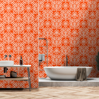 Orange Red Damask Color Peel and Stick Removable Wallpaper