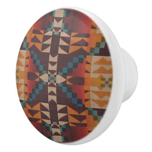 Orange Red Dark Brown Teal Blue Ethnic Tribe Art Ceramic Knob