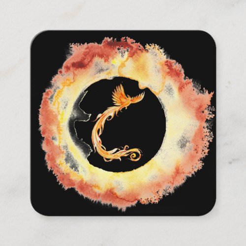  Orange Red Flame Phoenix Ring of Fire Black Square Business Card