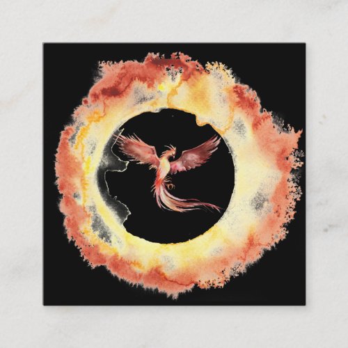  Orange Red Flame Phoenix Ring of Fire Black Square Business Card
