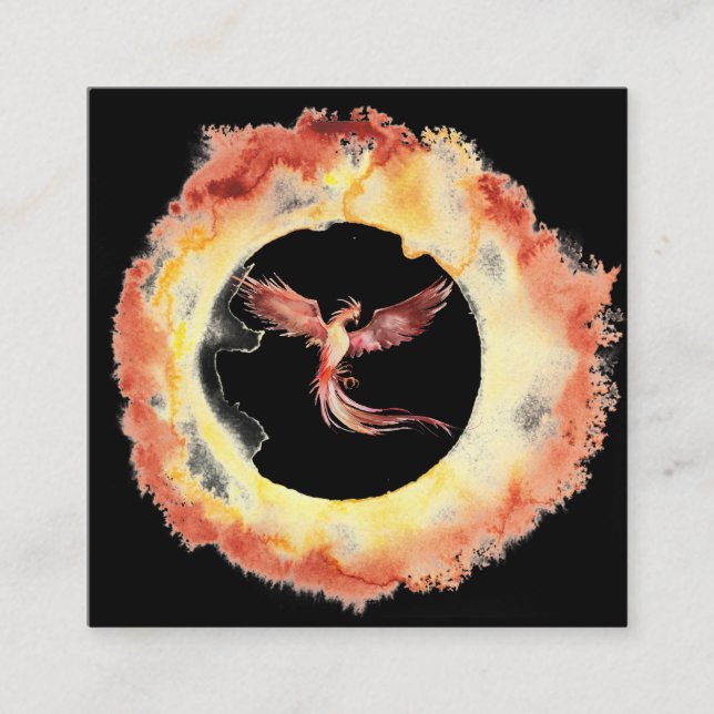 *~* Orange Red Flame Phoenix Ring of Fire Black Square Business Card (Front)