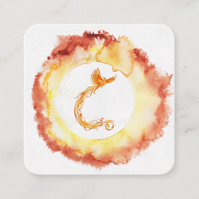 *~* Orange Red Flame Phoenix Ring of Fire White Square Business Card (Front)