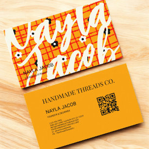 Orange Red Floral Check Pattern QR Code Handmade Business Card