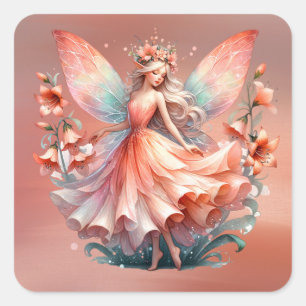 Orange Red Floral Fairy Princess Girls Square Sticker