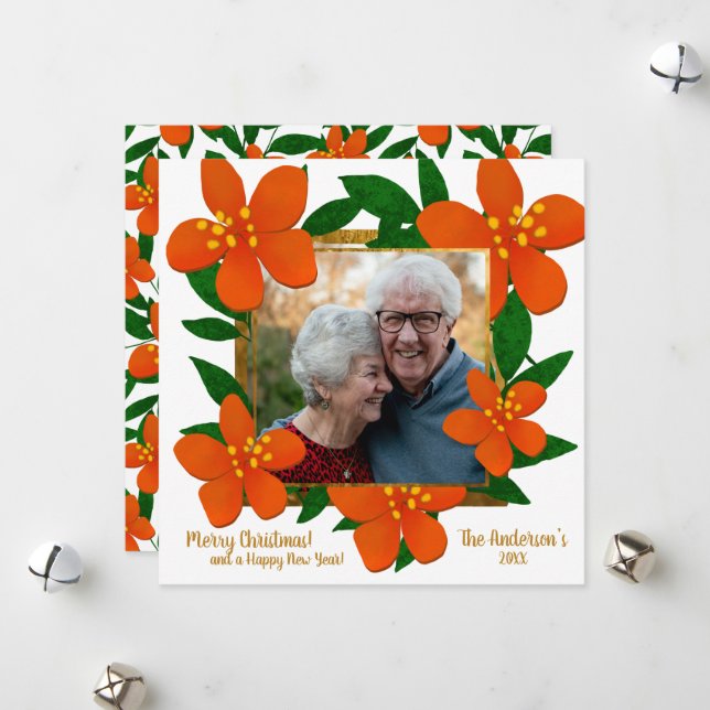 Orange Red Floral Gold Frame Photo Christmas  Holiday Card (Front/Back In Situ)