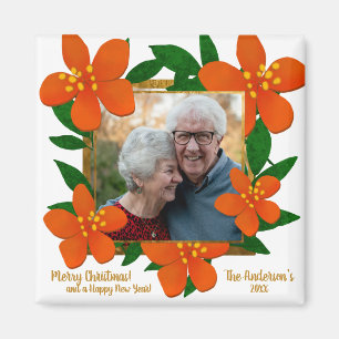Orange Red Floral Gold Frame Photo Christmas  Magnet