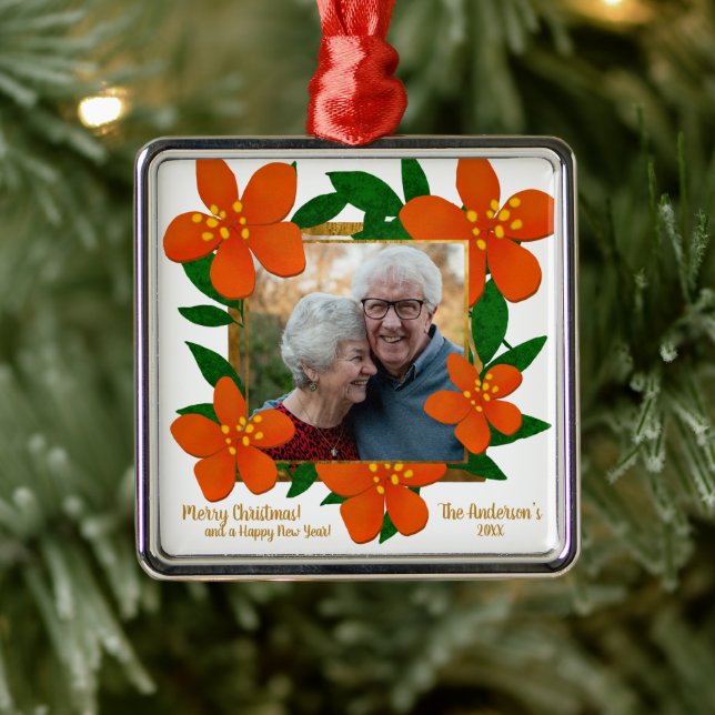 Orange Red Floral Gold Frame Photo Christmas Metal Ornament (Tree)