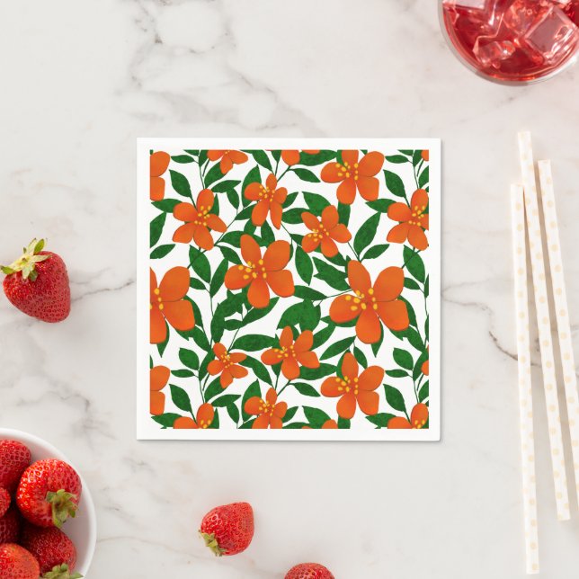 Orange Red Floral Green Botanicals Pattern Napkins (Insitu)