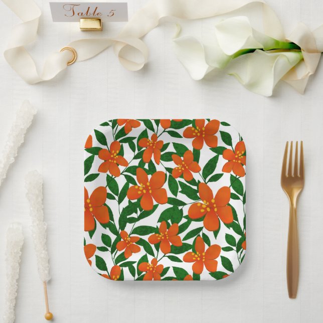 Orange Red Floral Green Botanicals Pattern Paper Plates (Wedding)