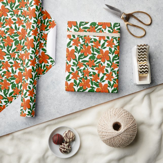 Orange Red Floral Green Botanicals Pattern Wrapping Paper (Crafts)