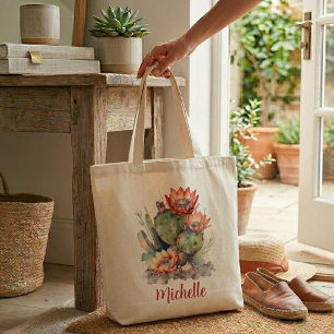 Orange/Red Flowering Cactus With Name Tote Bag