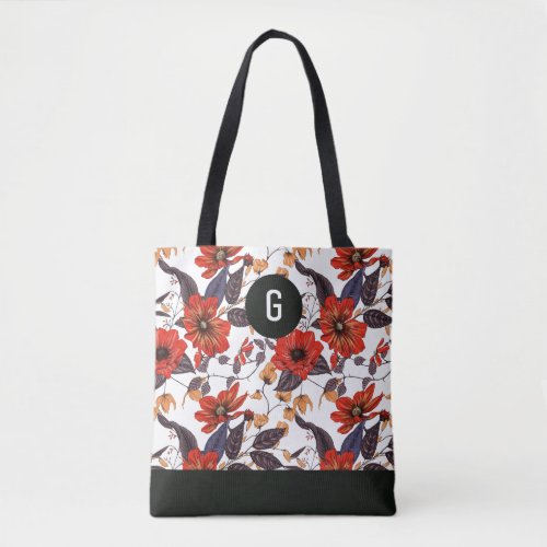 Orange_red flowers green leaves custom monogram tote bag