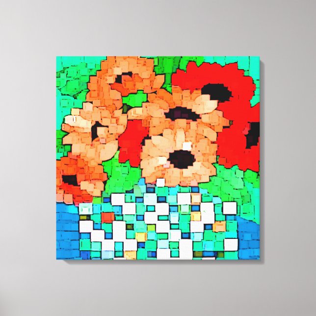 Orange Red Flowers Pixel Art Wrapped Canvas Print (Front)