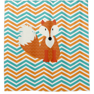 Orange Red Fox on Turquoise, Orange, White Chevron Shower Curtain
