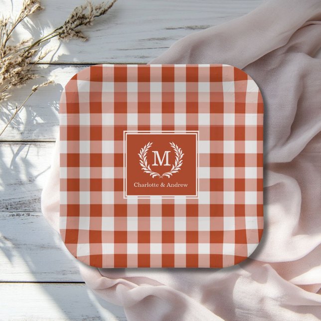 Orange-Red Gingham Monogram Crest Custom Paper Plates (Orange-Red Gingham Monogram Crest Custom Paper Plates with your Monogram and Names.)