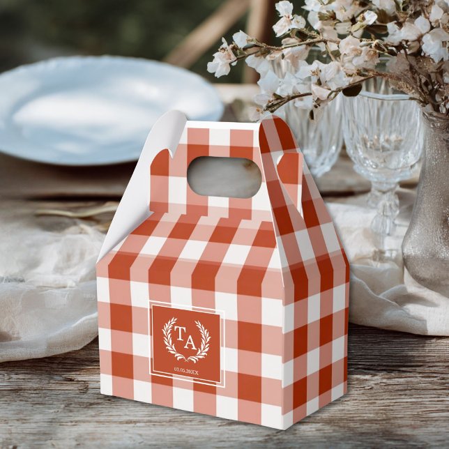 Orange-Red Gingham Monogram Crest Favor Boxes (Custom Orange-Red Gingham Monogram Crest Favor Boxes for your wedding or other Occasions.)