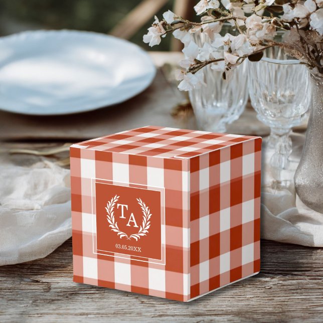 Orange-Red Gingham Monogram Crest Favor Boxes (Orange-Red Gingham Monogram Crest Favor Boxes for your wedding or other Occasions.)