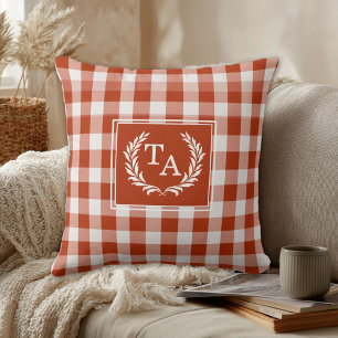 Orange-Red Gingham Monogram Crest Throw Pillow