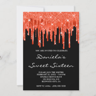 Orange Red Glitter Foil Drip Black Sweet Sixteen Invitation