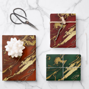 Orange, red, green and Gold Autumn Fall Marble Wrapping Paper Sheets