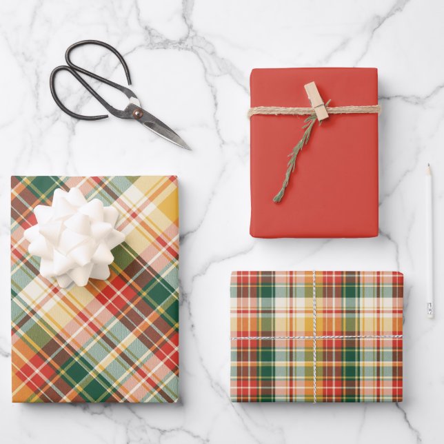 Orange, Red, Green & Yellow Plaid Wrapping Paper Sheets (Front)