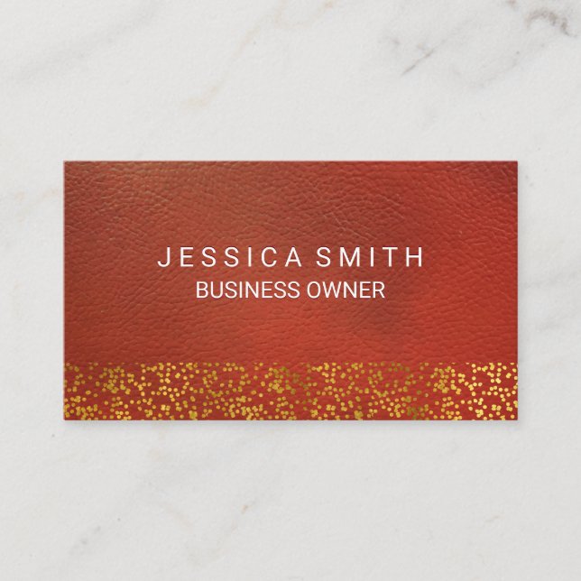 Orange Red Leather Texture | Gold Foil Specks Business Card (Front)