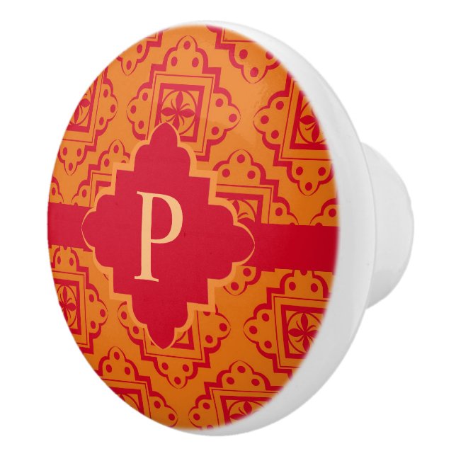 Orange Red Monogram Arabesque Moroccan Graphic Ceramic Knob (Right)