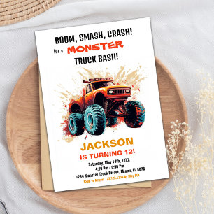 Orange Red Monster Truck Birthday Invitations