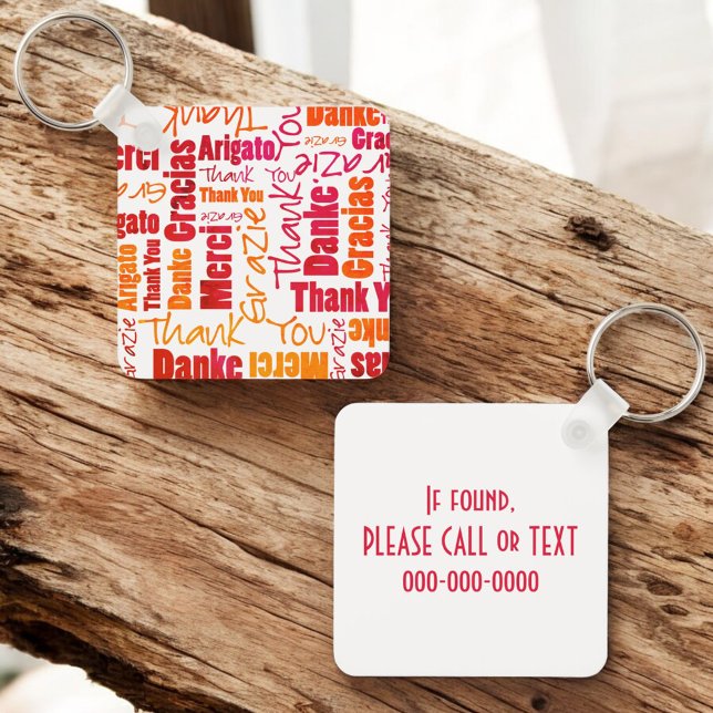 Orange Red Multilingual "Thank You" Typography Key Keychain (front and back key ring with back template text)