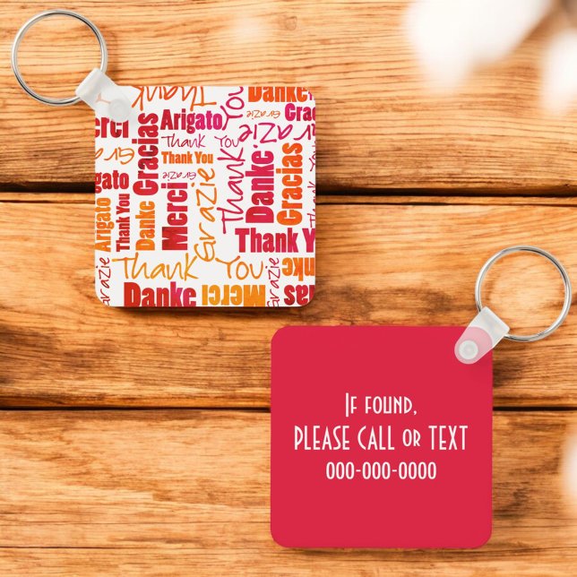 Orange Red Multilingual "Thank You" Typography Keychain (front and back key ring with template text on back)