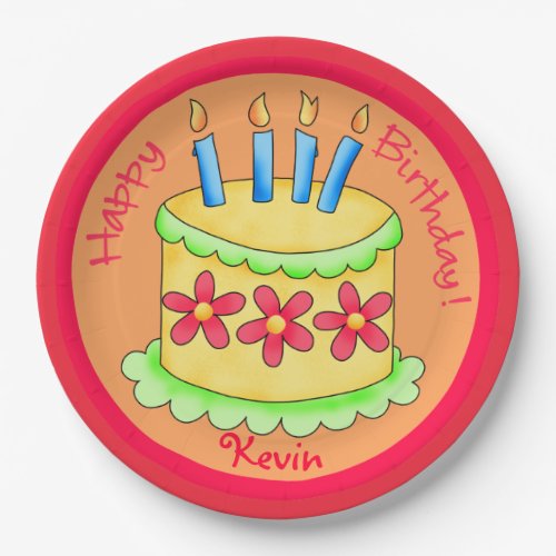 Orange Red Name Personalized Happy Birthday Party Paper Plates