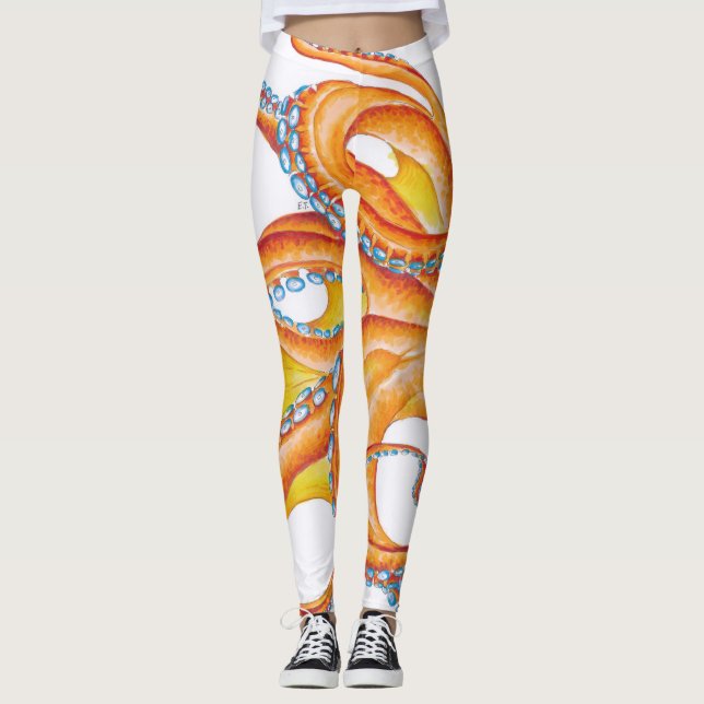 Orange red Octopus Ink Art Dance Leggings (Front)