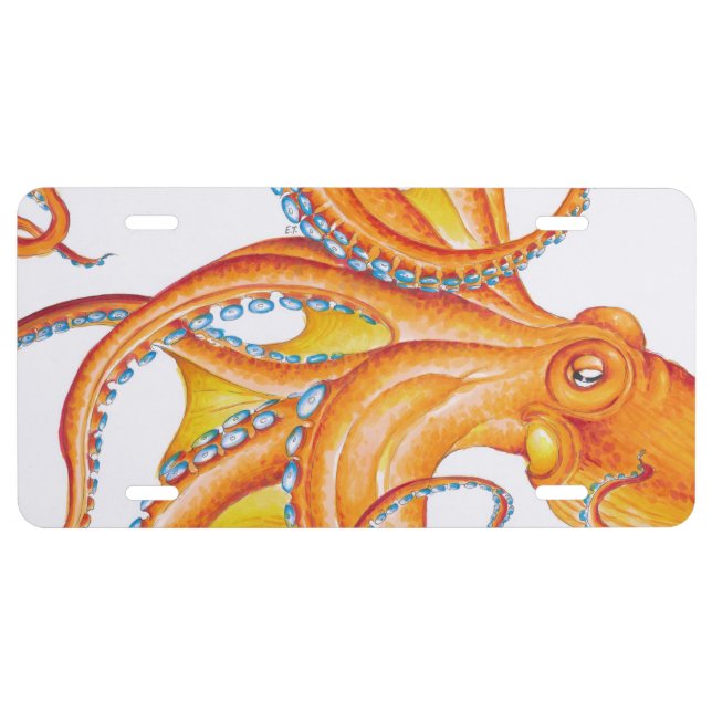 Orange red Octopus Ink Art Dance License Plate (Front)