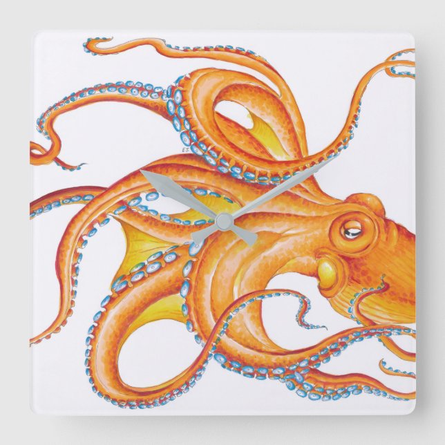 Orange red Octopus Ink Art Dance Square Wall Clock (Front)