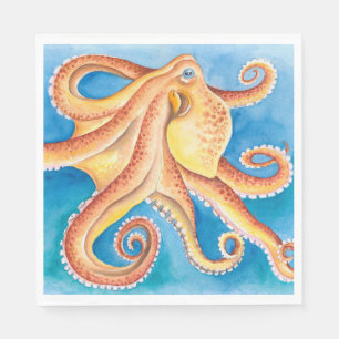 Orange Red Octopus Watercolor Ink Napkins