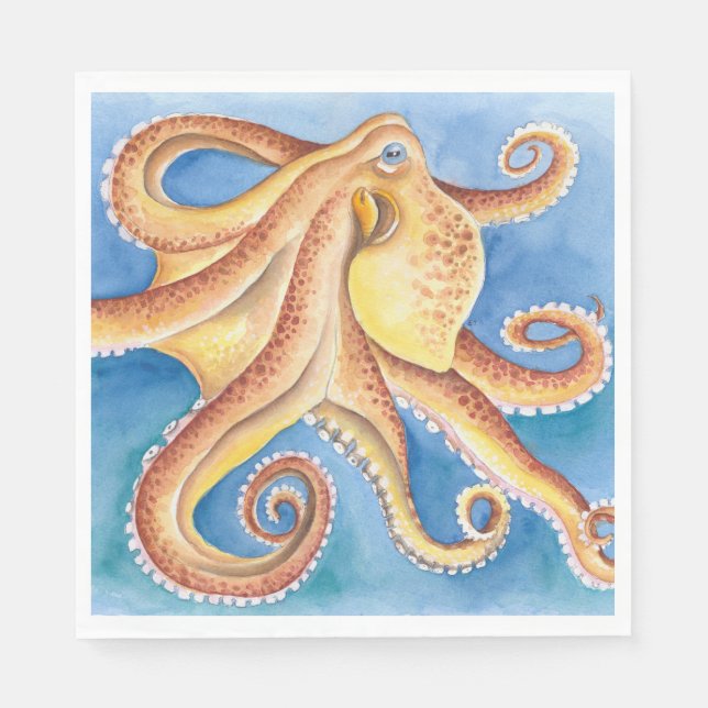 Orange Red Octopus Watercolor Ink Napkins (Front)