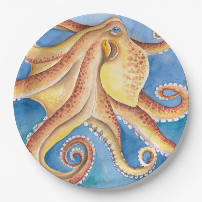 Orange Red Octopus Watercolor Ink Paper Plates (Front)