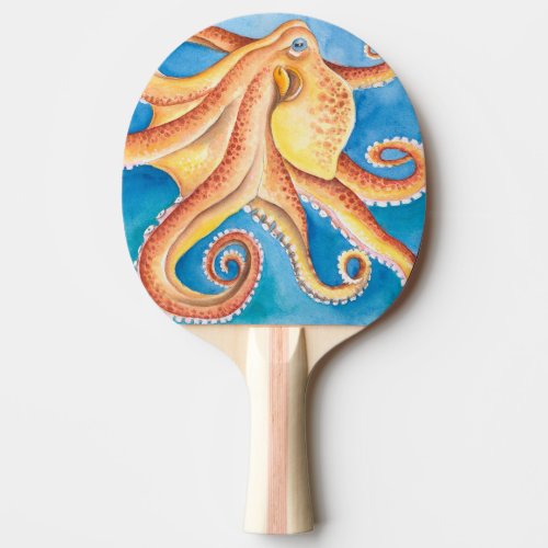 Orange Red Octopus Watercolor Ink Ping Pong Paddle