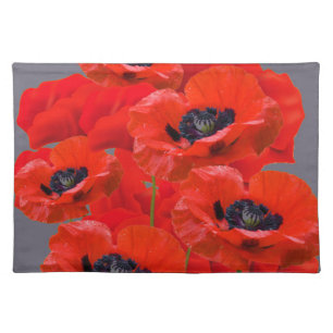 ORANGE-RED ORIENTAL POPPIES ON GREY PLACEMAT