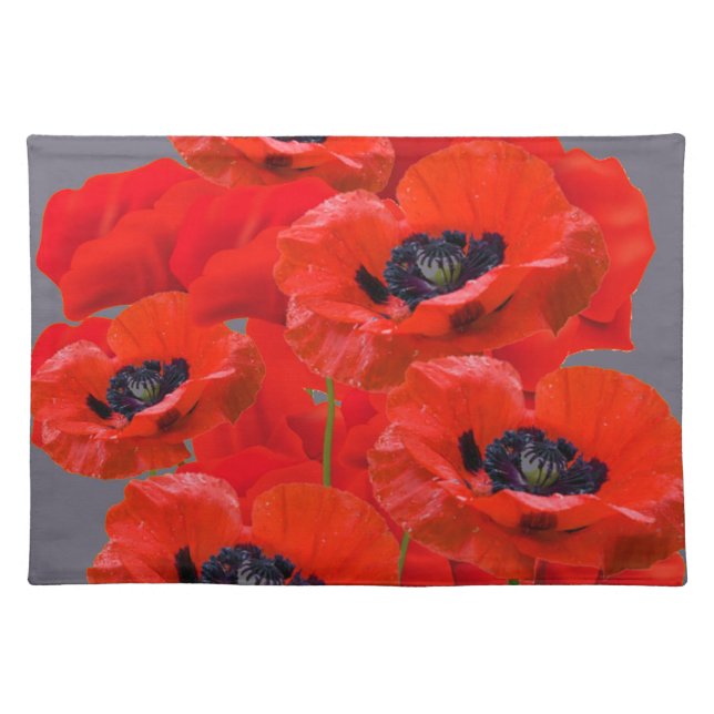 ORANGE-RED ORIENTAL POPPIES ON GREY PLACEMAT (Front)