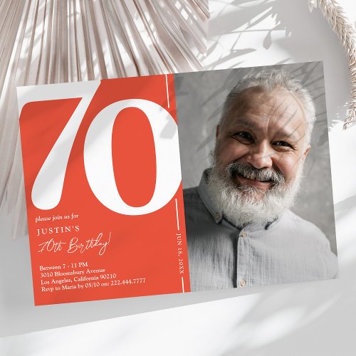 Orange Red Photo 70th Birthday Party Invitation