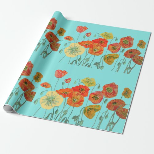 Orange Red Poppies Aqua Watercolor Wrapping Paper
