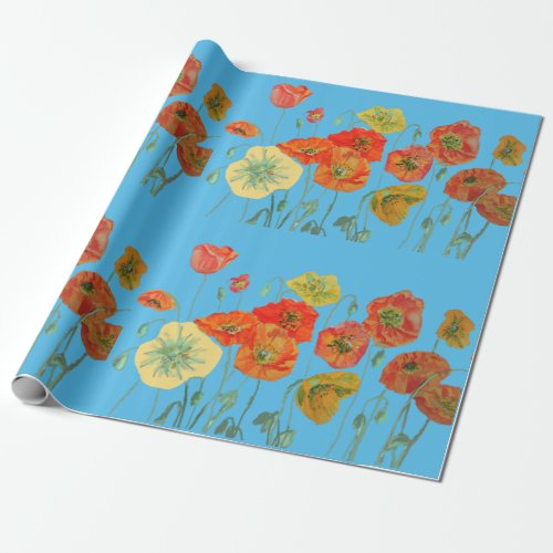 Orange Red Poppies Blue Watercolor Wrapping Paper